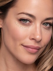 Fototapeta premium Close-up View of a Woman Showcasing Skincare Routine With Illuminated Under-Eye Area and Natural Makeup in a Soft Setting