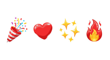 A vibrant collection of popular emoji icons, including a party popper exploding with colorful confetti, a glossy red heart, sparkling yellow stars, and a fiery red and orange flame, all set against a