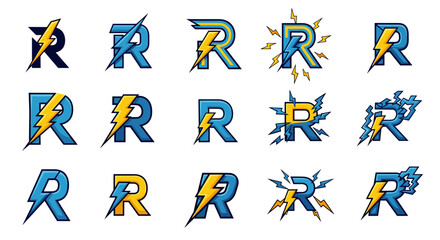 Collection of stylized letter R logos with lightning bolt accents, representing power, energy, and speed. These dynamic designs are perfect for branding, sports teams, or technology companies seeking