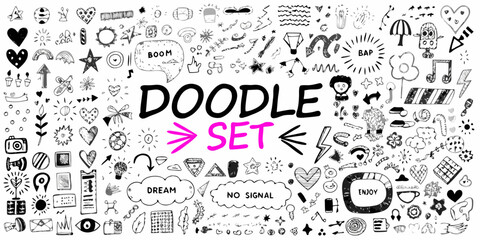Large collection of hand drawn black and white doodle elements and icons for creative design projects