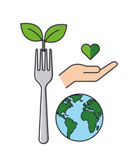 An illustration depicting a fork with plants, a hand holding a heart, and the Earth, symbolizing eco-friendly eating.