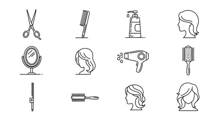 Collection of white line art icons representing hair salon and beauty salon tools and services, including scissors, combs, hair dryer, mirror, shampoo bottle, and various hairstyles, presented on a