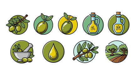 Collection of stylized flat icons representing olives and olive oil production, including olive branches, individual olives, bottles of oil, a mortar and pestle, a drop of oil, and an olive grove