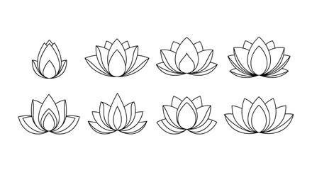 A collection of eight delicate, hand-drawn floral illustrations, each showcasing a unique flower bud in various stages of bloom, rendered with fine, elegant linework against a stark black background