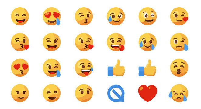 Collection of 3D rendered emojis expressing various emotions like joy, love, sadness, and approval, alongside a red heart symbol and a thumbs-up icon, set against a stark black background, perfect
