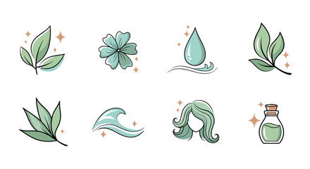 A collection of eight minimalist, hand-drawn icons representing natural elements and beauty treatments, featuring delicate leaves, a blooming flower, a water droplet on waves, flowing hair, and a