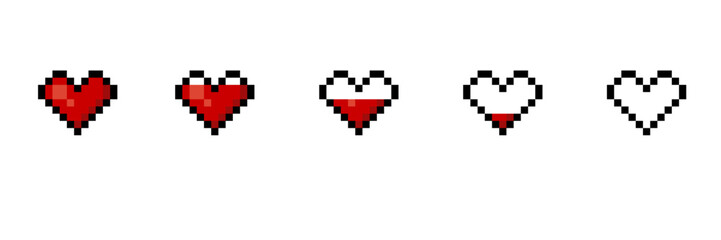 Pixel game life bar. Health heart bar game