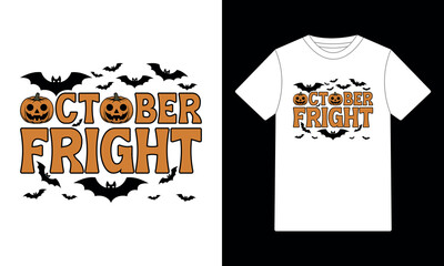 October Fright Halloween Pumpkins and Bats T-shirt Design