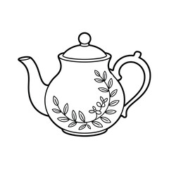 Black and white illustration of a vintage teapot with floral design
