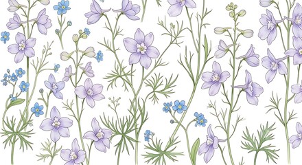 Fototapeta premium Watercolor floral pattern with delicate larkspur and forgetmenot flowers, isolated on white background, perfect for spring and summer designs