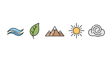 A vibrant collection of five distinct icons representing fundamental elements of nature: flowing blue water waves, a green leaf, rugged brown mountains, a bright yellow sun, and a swirling white