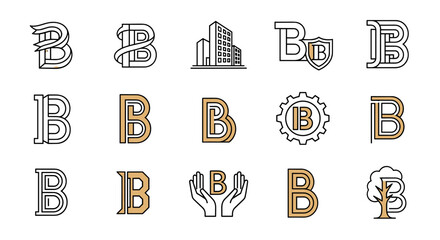Collection of stylized letter B logos and icons, featuring diverse designs from elegant art deco to modern geometric, including business, finance, and nature-themed variations, perfect for branding