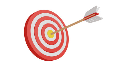 A perfectly aimed arrow strikes the bullseye of a red and white target, symbolizing success, precision, and achieving goals. This 3D render captures the essence of focus and accomplishment in a
