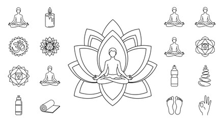 Collection of yoga and meditation icons and symbols, including a meditating person in a lotus flower, Om symbol, chakras, candle, yoga mat, water bottle, stacked stones, footprints, and hand