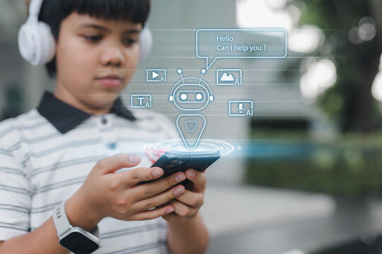 Kid using smartphone with AI chatbot hologram interface, wearing headphones and smart watch, representing artificial intelligence, digital assistant, and smart technology for children.