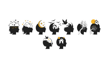 Abstract silhouette profiles of human heads filled with symbolic imagery representing dreams, thoughts, and emotions, including stars, clouds, moons, houses, birds, and trees, set against a dark