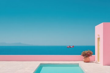 Fototapeta premium A stunning scene featuring a vibrant red airplane gliding gracefully over a serene turquoise sea with captivating pink architectural elements creating a perfect summer escape ambiance