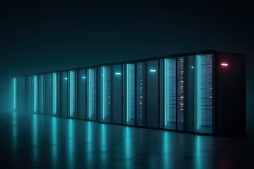 Obraz premium Futuristic data center with illuminated server racks creating an immersive digital environment emphasizing cutting-edge technology and data management advancements