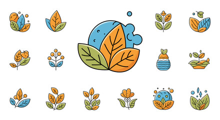 Collection of stylized flat icons representing various plants, leaves, and natural elements in vibrant orange, green, and blue hues, set against a black background, perfect for eco-friendly branding