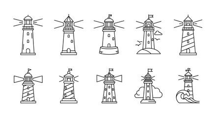 Collection of ten distinct lighthouse illustrations in a clean, white outline style on a black background, showcasing various designs and settings including waves, clouds, and flags, perfect for