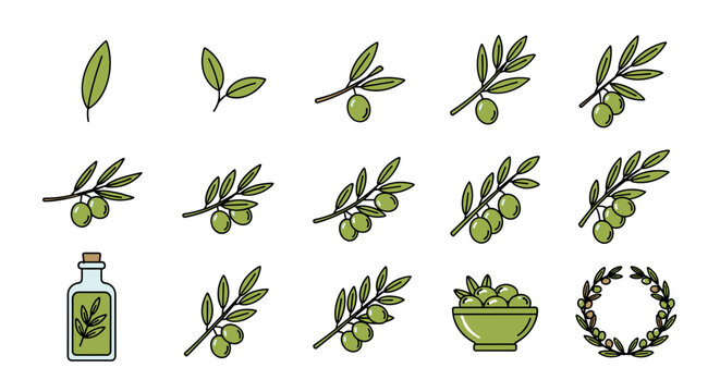 Collection of stylized flat icons representing the olive tree life cycle and products, from single leaves and branches with olives to a bottle of olive oil and a laurel wreath, all on a black