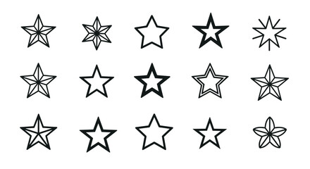 A collection of fifteen unique star shapes, rendered in a sketchy, hand-drawn style with a dark, charcoal-like texture against a stark black background, offering a versatile graphic resource for