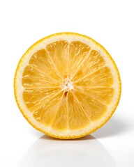 a single halved lemon, isolated against a backdrop. The lemon is brightly lit, showcasing its fresh, juicy interior and citrusy scent