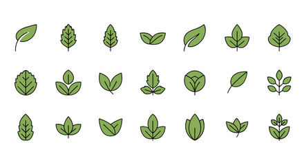 Collection of stylized green leaf icons and symbols, representing nature, growth, and organic elements, perfect for eco-friendly branding, environmental awareness campaigns, and natural product