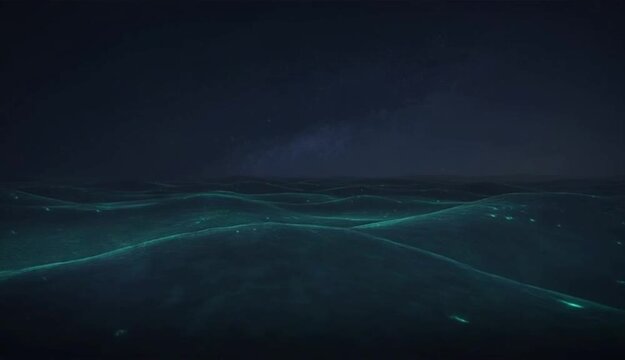 Mesmerizing night ocean waves with bioluminescence under a starry sky and deep darkness.