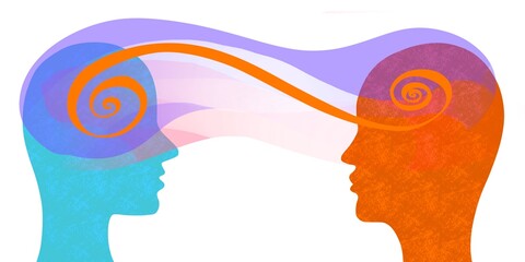 Disegno illustrazione grafica due persone comunicano con pensiero. Telepatia. 