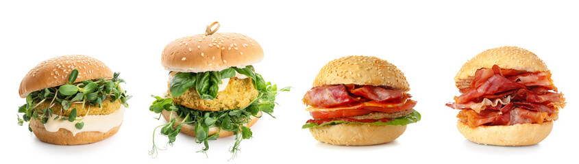 Set of different delicious burgers on white background