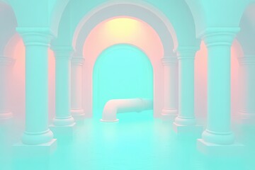 Fototapeta premium Ethereal architectural environment featuring pastel hues, water reflections, ancient columns, and modern pipe structure creating a dreamlike immersive experience in creative design