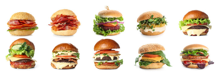 Set of different delicious burgers on white background