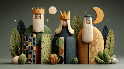 Abstract illustration of three robed figures, crowns, and leaves