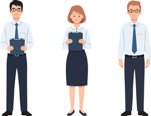 Create a kinds of deferent Simple blog thumbnail illustration of three pale office workers vector art with white background.