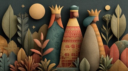 Stylized illustration of the three wise men and flora in textured design