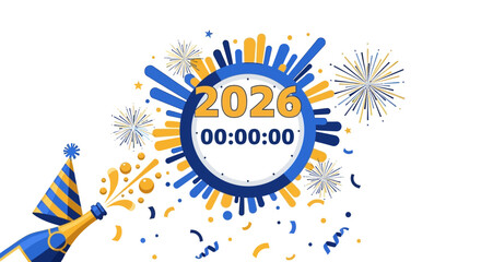 Festive New Year 2026 celebration with fireworks and champagne.