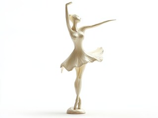 A handmade, white ballerina statue is shown against a white background. The statue is made of ivory and shows her dancing.
