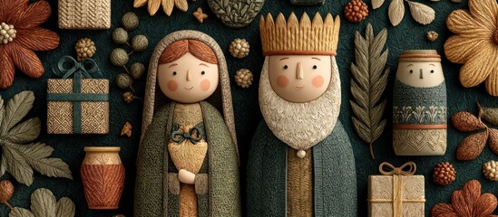 Whimsical illustration of Nativity figures among festive floral elements