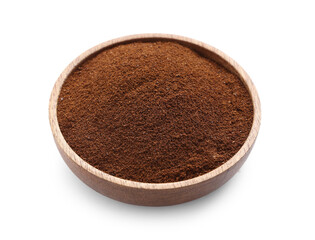 Wooden bowl with coffee powder on white background