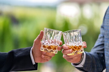 Two hands holding glasses of whiskey clinking them together