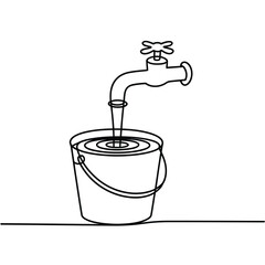 Simple line drawing of water filling a bucket from a faucet