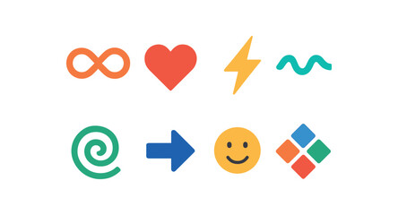 flat geometric icons including loop heart lightning wave spiral arrow smiley geometric energy colorful tones flat vector illustration style isolated on white background vector icon