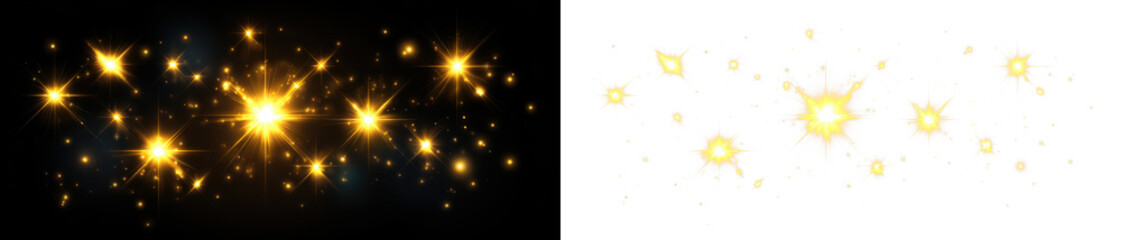 Golden Sparkle Dust with Light Flare and Shimmering Glitter Effects Display on Black and Transparent Background, png