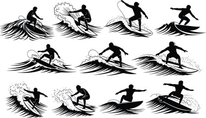 Silhouette surfers riding ocean waves performing extreme surf tricks and stunts in various dynamic poses on sea water sports vector illustration
