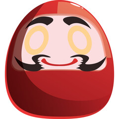 Red Daruma Doll with Stylized Face and Circular Eyes on Transparent Background