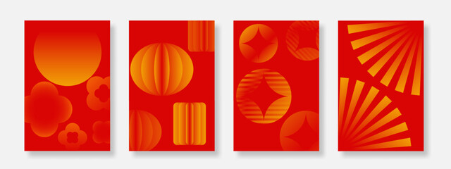 Happy Chinese New Year poster background set. Minimalist new year greeting card with moon, lantern and fan. Suitable for invitation, flyer, social media, banner and brochure. Vector © Alfan Subekti