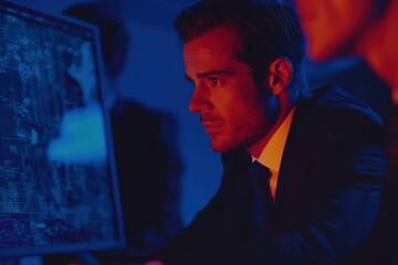 Focused professional man analyzing digital data on a glowing monitor illuminated by striking blue and red light with an emphasis on modern innovation and analytical precision