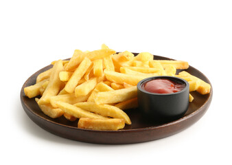 Plate with tasty french fries and bowl of ketchup on white background