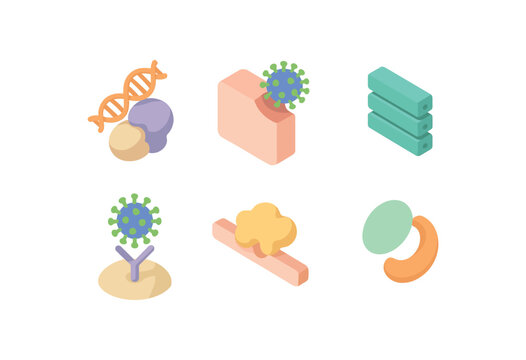 isometric icon items isolated on white background viral infection RNA polymerase active site viral infection virion budding site viral infection segmented genome fragment viral infection
